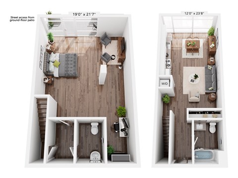 Floor plan for 1 bed, 2 baths, 1381 sqft